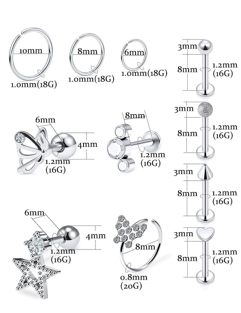 Oufksiyy 16G Surgical Steel Purple Rainbow Tragus Piercing Jewelry
