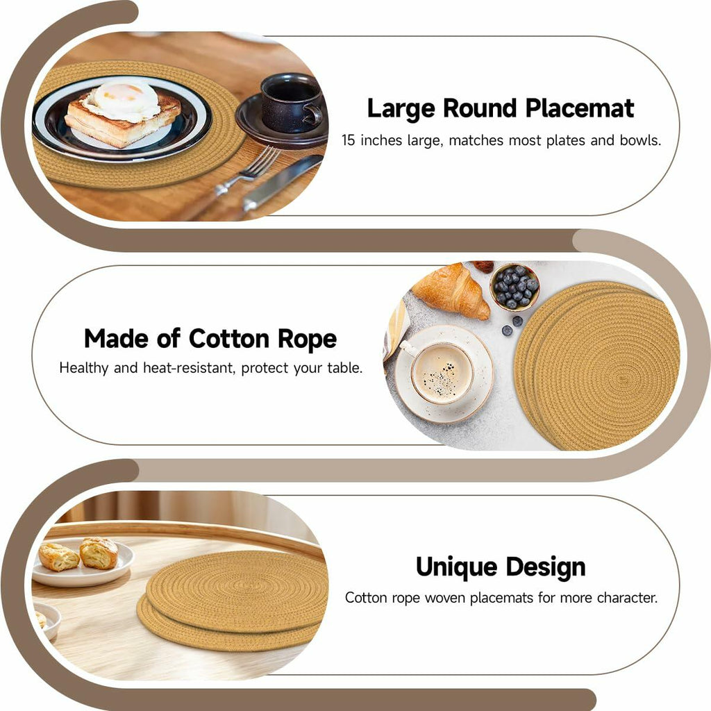WEAVELYRICS 15" Round Braided Cotton Placemats Brown Set of 4