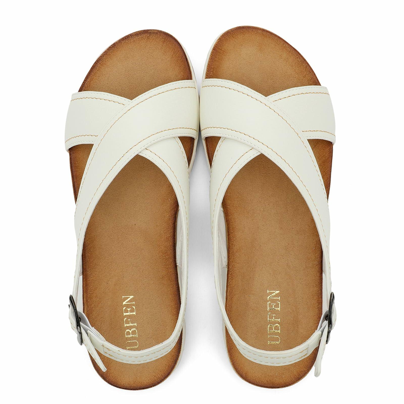 UBFEN Womens Flat Sandals Arch Support Adjustable Slingback White Size 10
