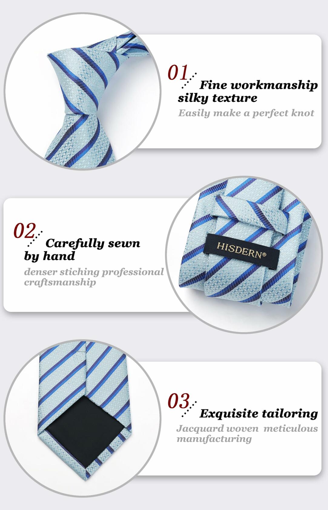 [Like New] HISDERN Men's Silk Striped Necktie & Handkerchief Set Light Green Size 8.5cm