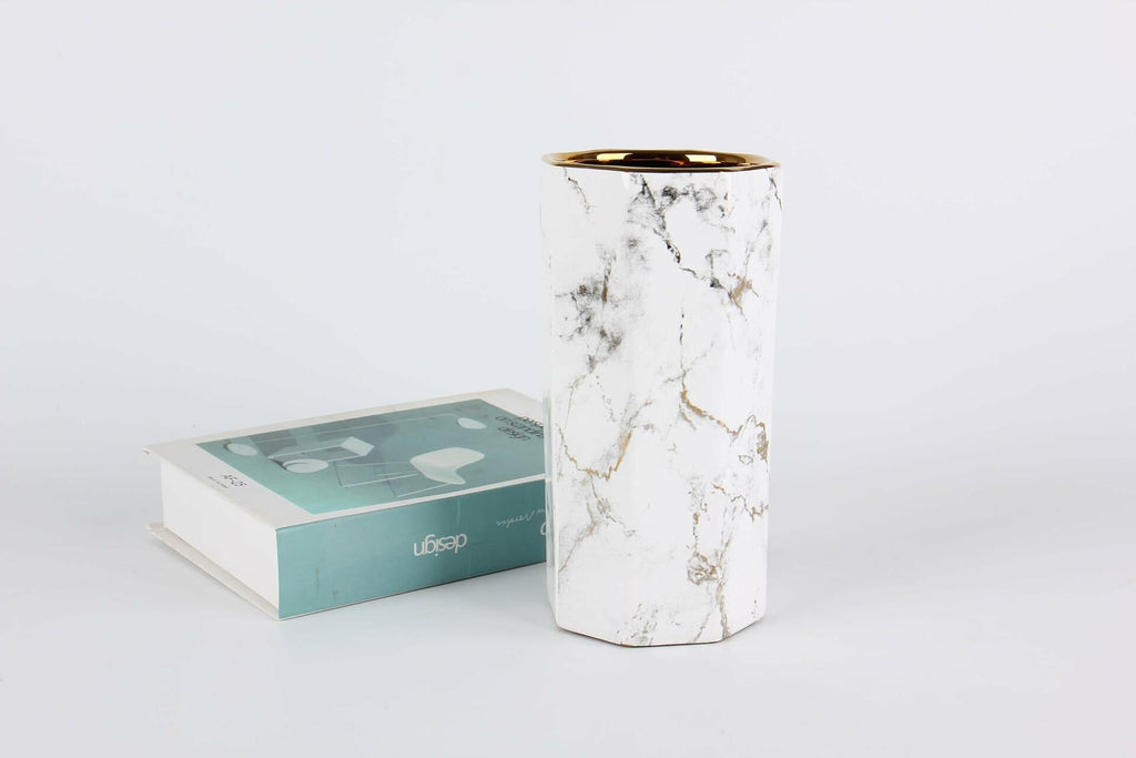 Generic White Gold Finish Marble Ceramic Flower Vase Octagon Modern 10"