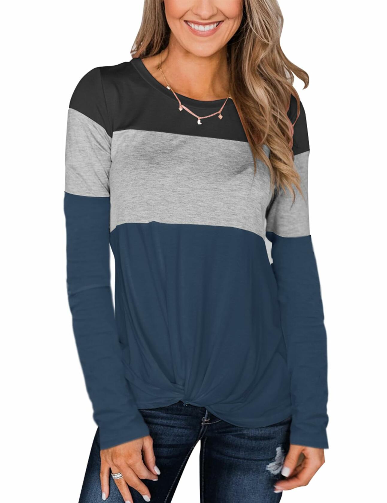 Minthunter Women's Long Sleeve Color Block T-Shirt Round Neck Black-GR-Purple XL