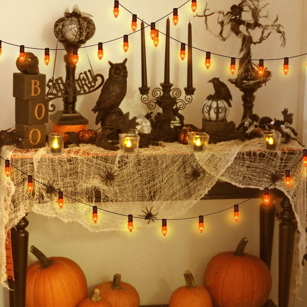 Abeja 25Ft C7 Orange String Lights 27 Bulbs Black Wire Vintage Halloween