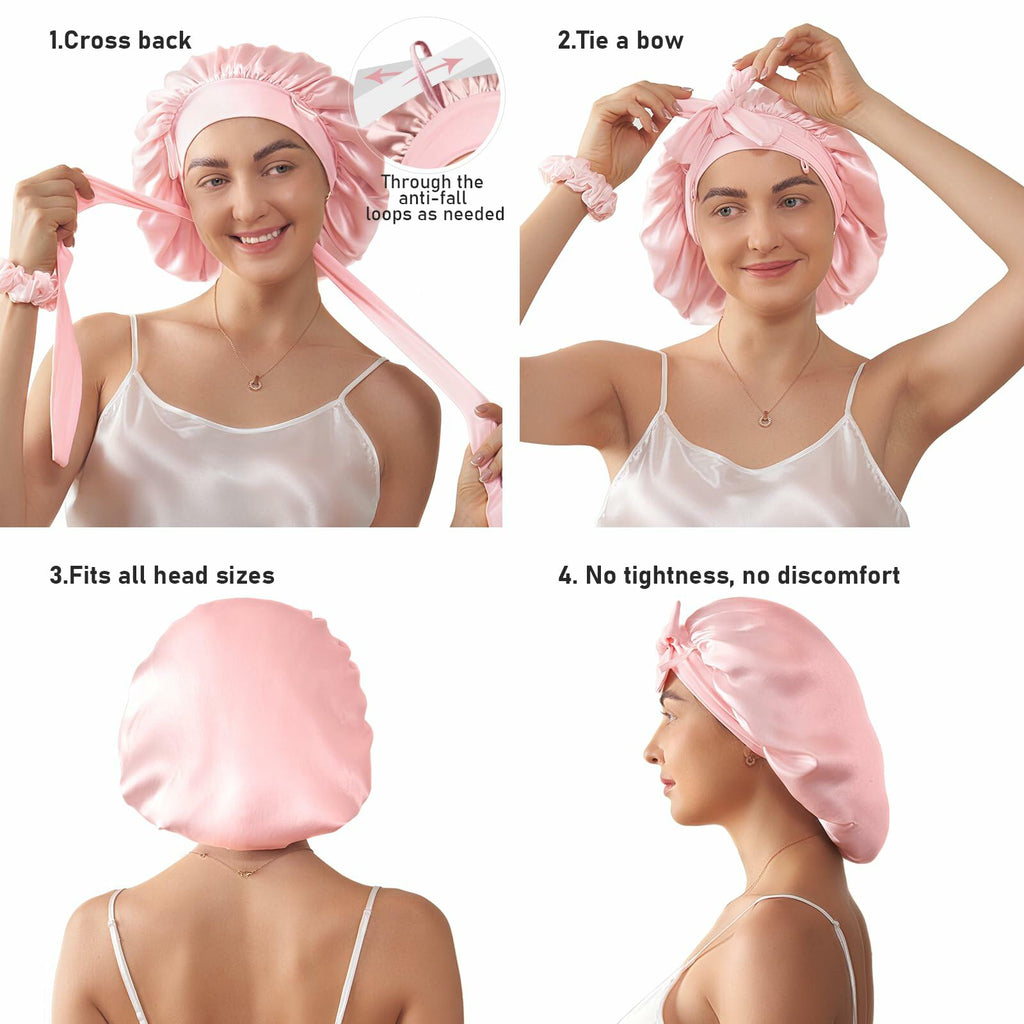 LitBear Mulberry Silk Bonnet 6A 22 Momme Large Double-Layer Pink Tie Band