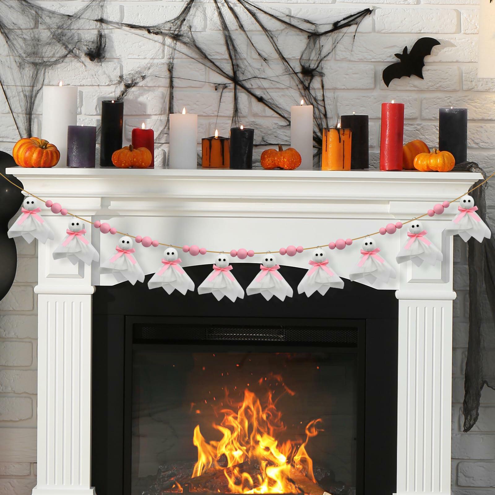 CRAFLOX Pink Halloween Garland Ghost Decor 6.6Ft Wooden Beads Small