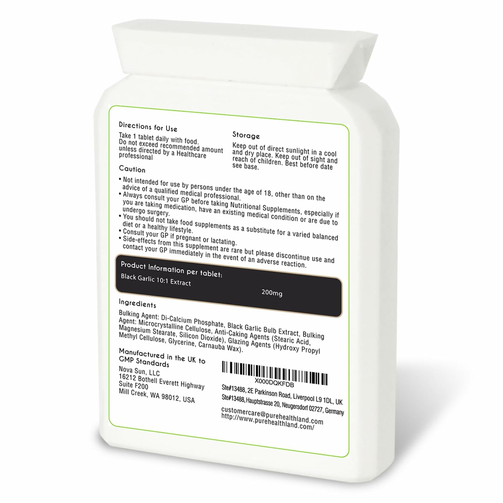 Pure Healthland Black Garlic Supplement Vegan Tablets UK 1 Bottle