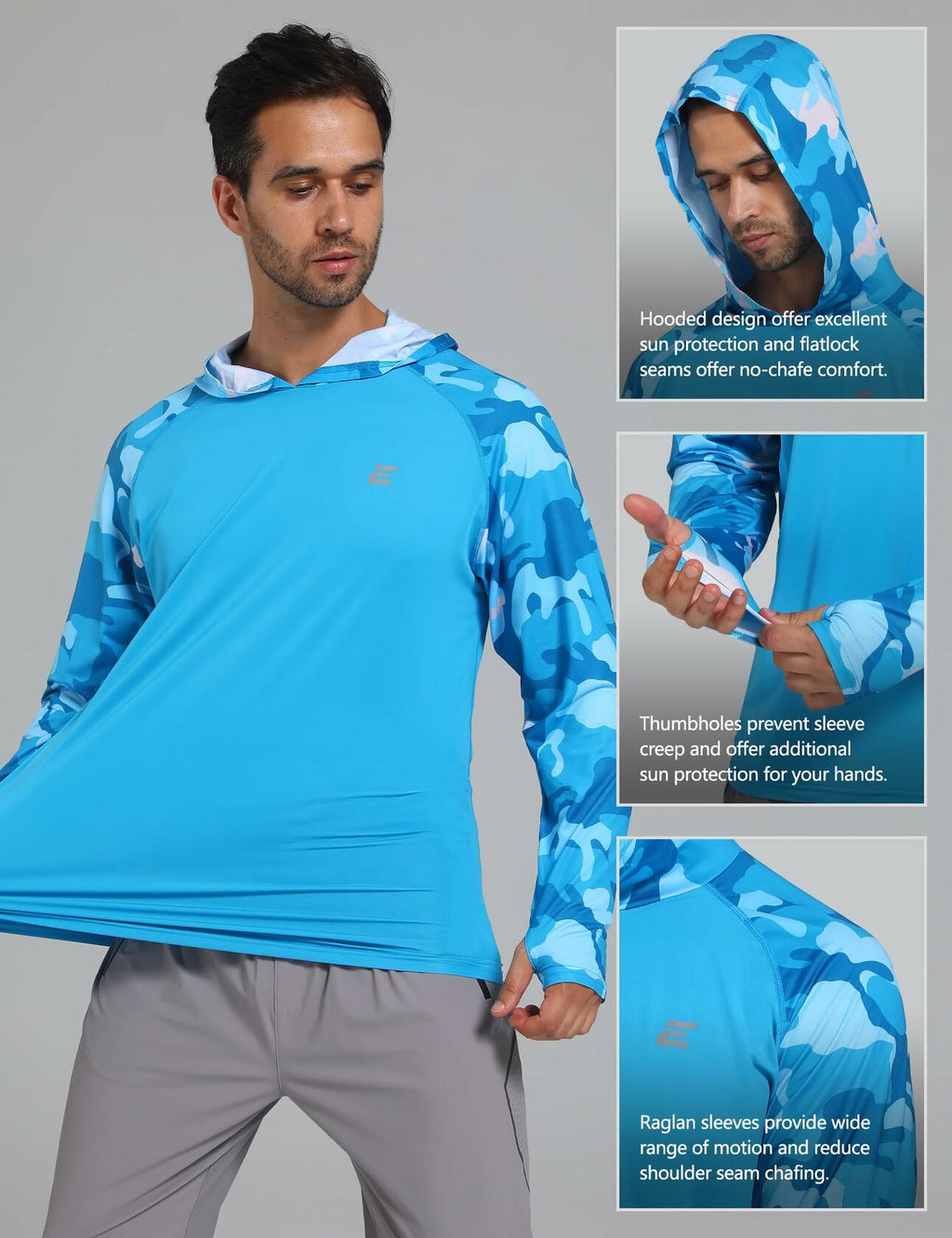 Endyart Men's UPF 50+ UV Hoodie Rash Guard Shirt Long Sleeve Camo Blue Size S