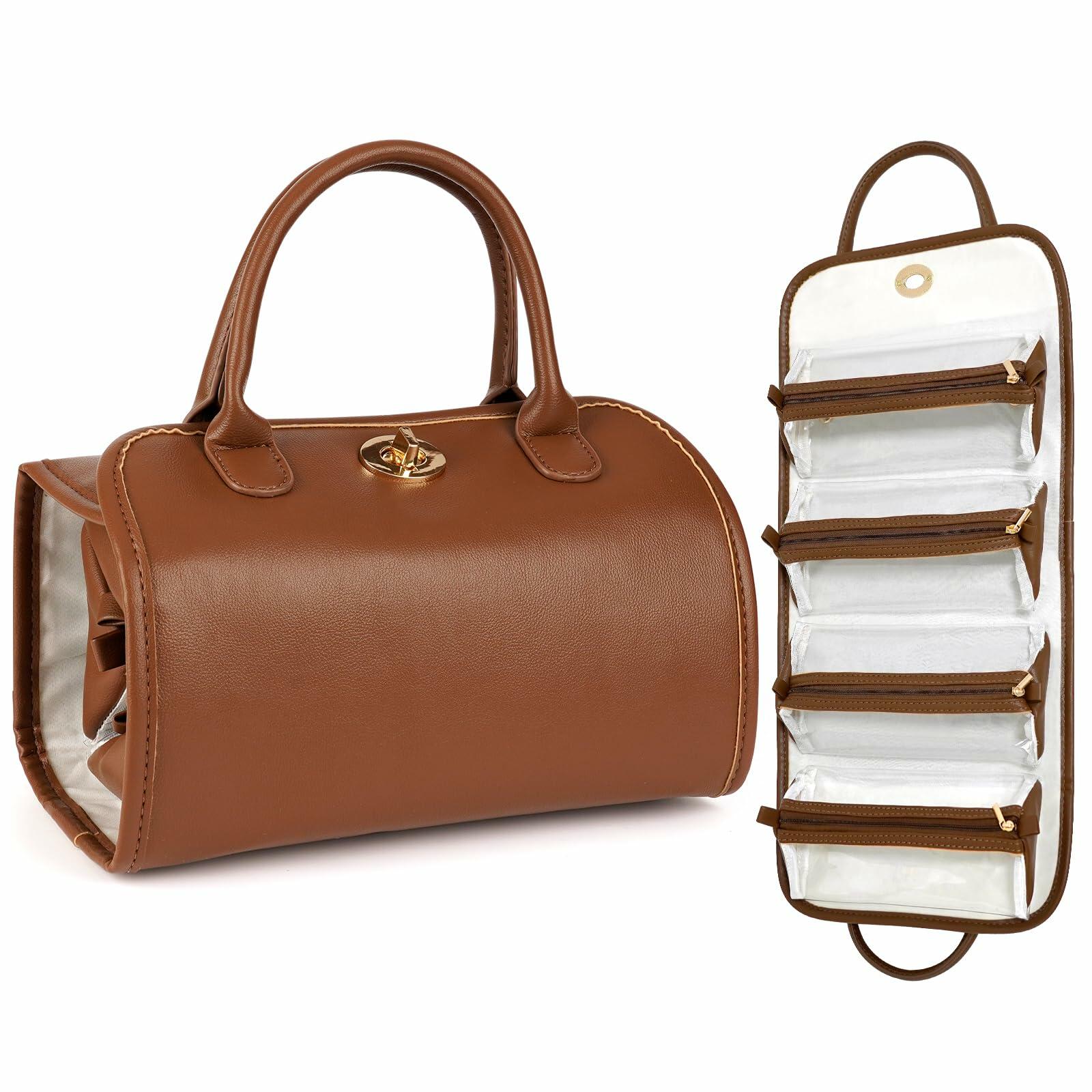voioe Travel Makeup Organizer Bag Foldable Toiletry Large Capacity Brown
