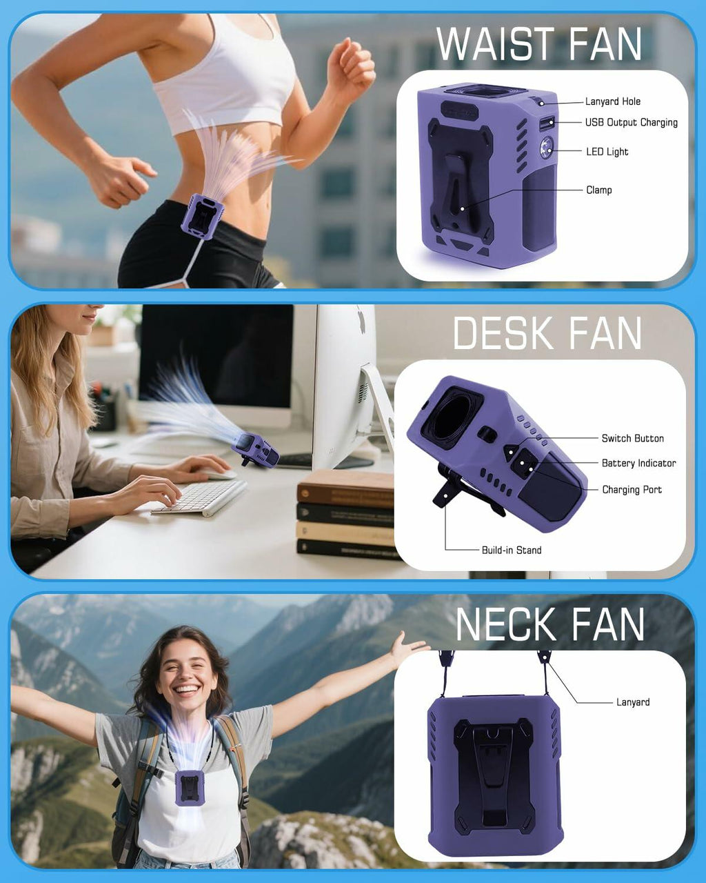 Quiwun Portable Waist Fan Clip On 8000mAh 5 Speeds Flashlight Orange