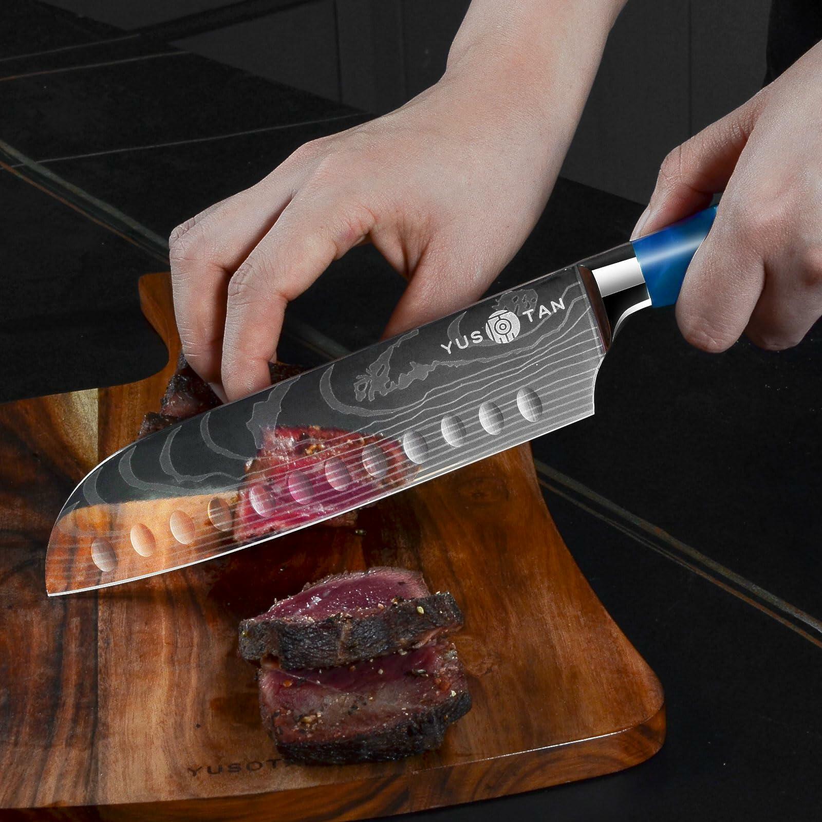 YUSOTAN 7" Japanese Santoku Knife Blue High Carbon Stainless Steel Blade