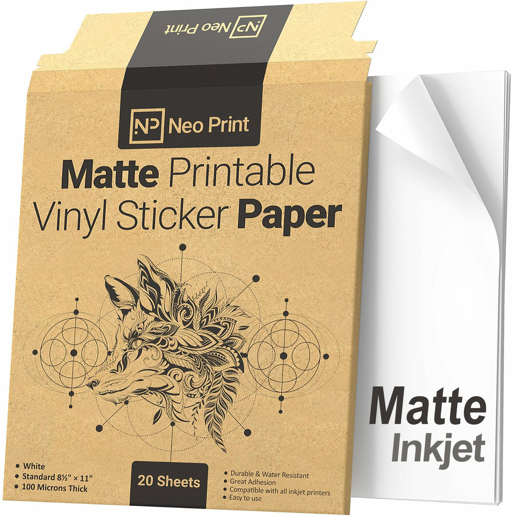 NEO PRINT Printable Vinyl Sticker Paper Matte White 8.5x11 20 Sheets Waterproof