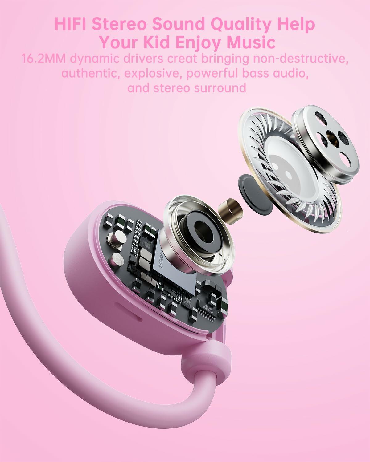 Mehomeli Kid Air Conduction Open Ear Headphones Wired 3.5mm Jack Pink