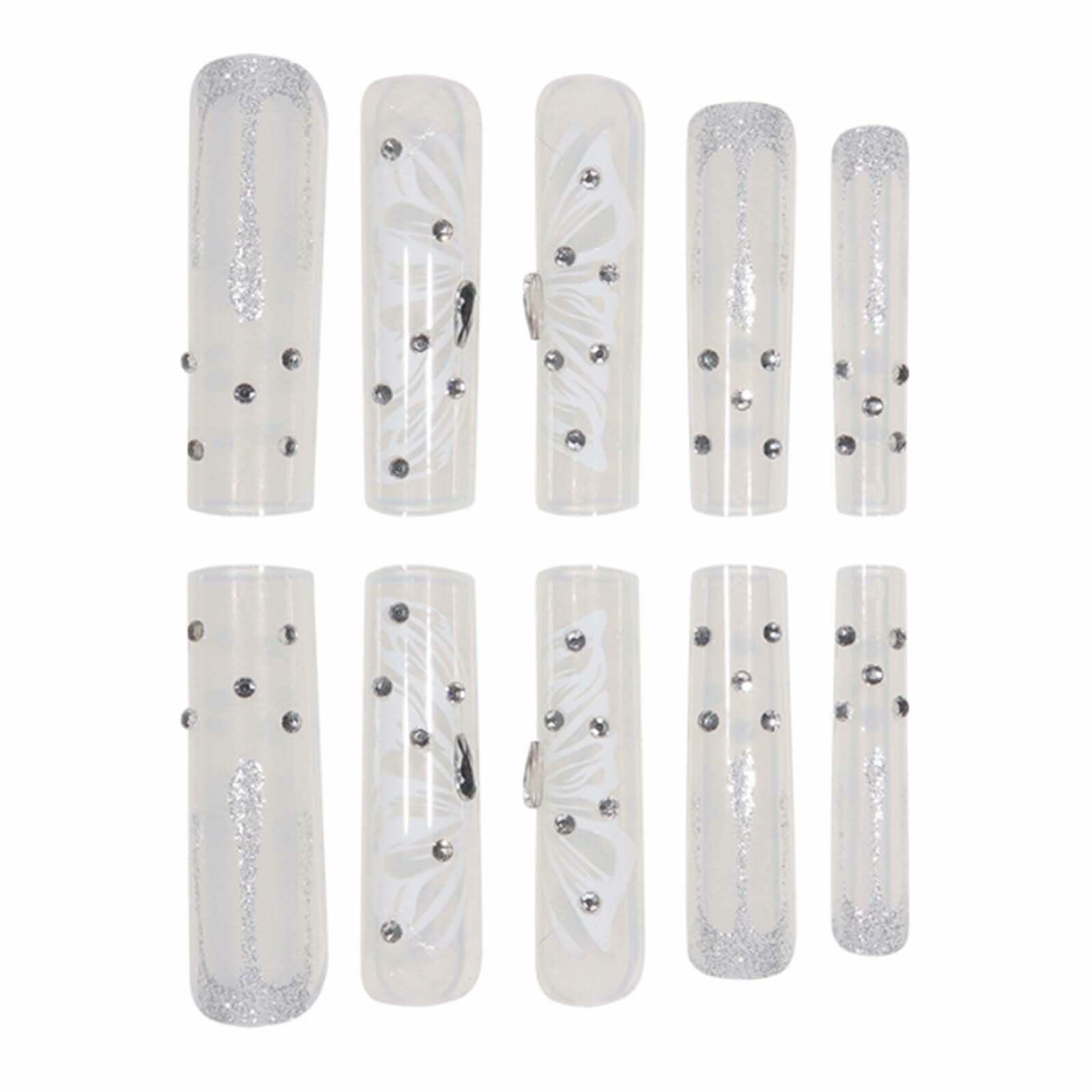 Gifiky Long Square Press-On Nails 24Pcs Gray Glitter Marble Fake Nails Women