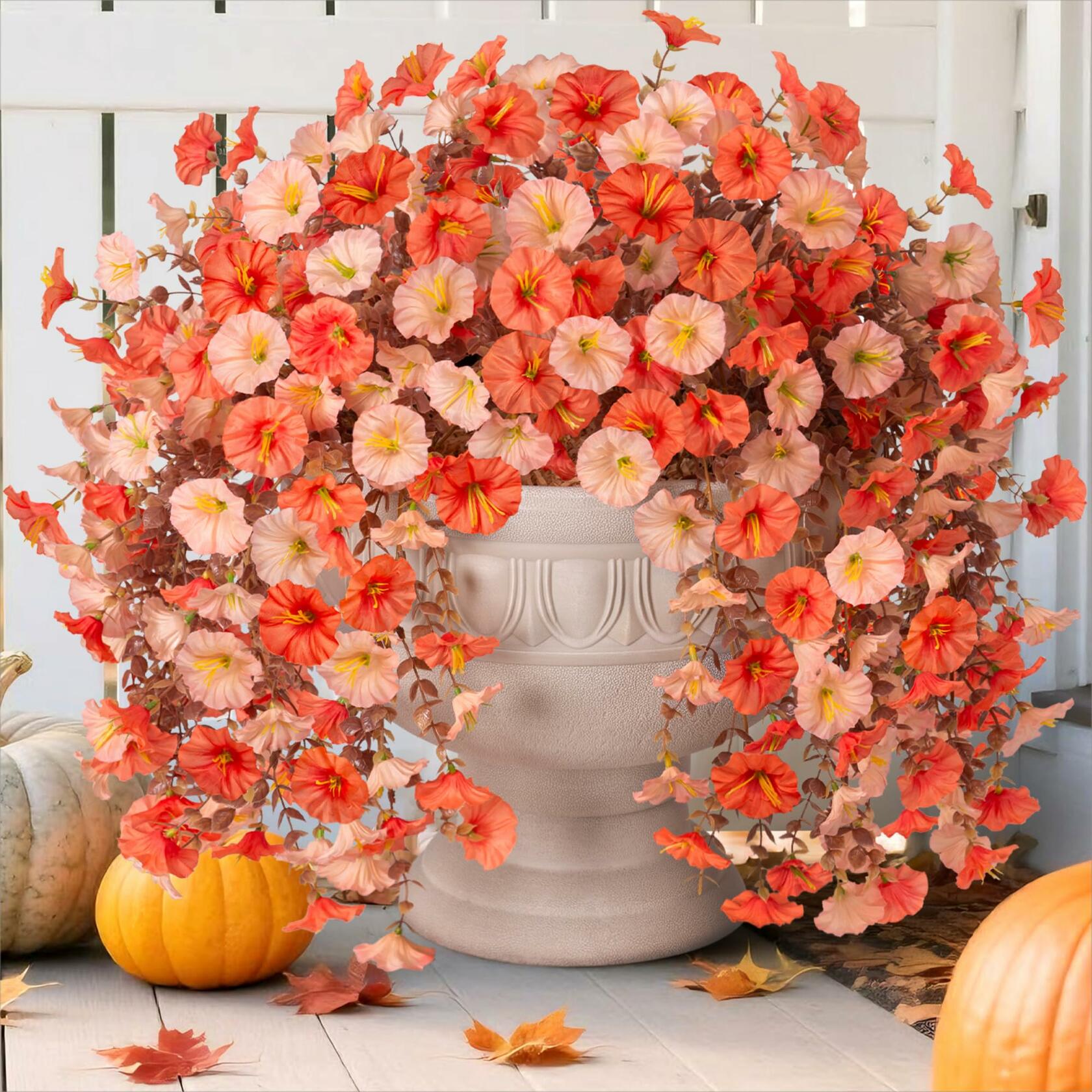 HyeFlora 2PCS Faux Fall Hanging Flowers Plants UV Resistant Orange+Light Orange