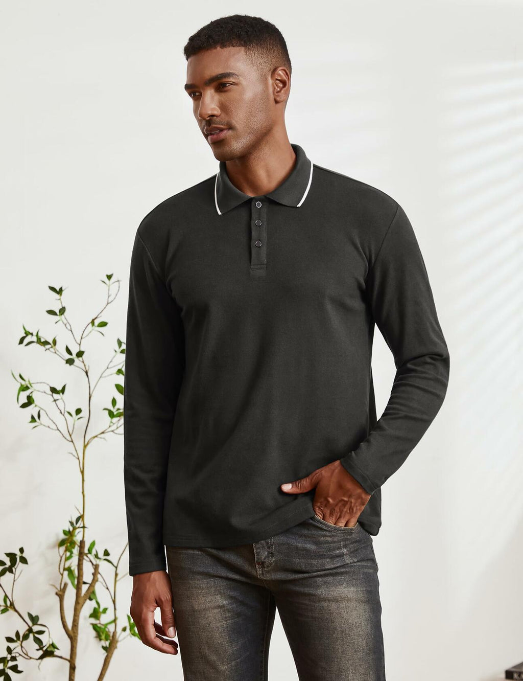 Thkzn Men’s Fleece Lined Polo Shirt Long Sleeve Button Golf Casual Black 2XL