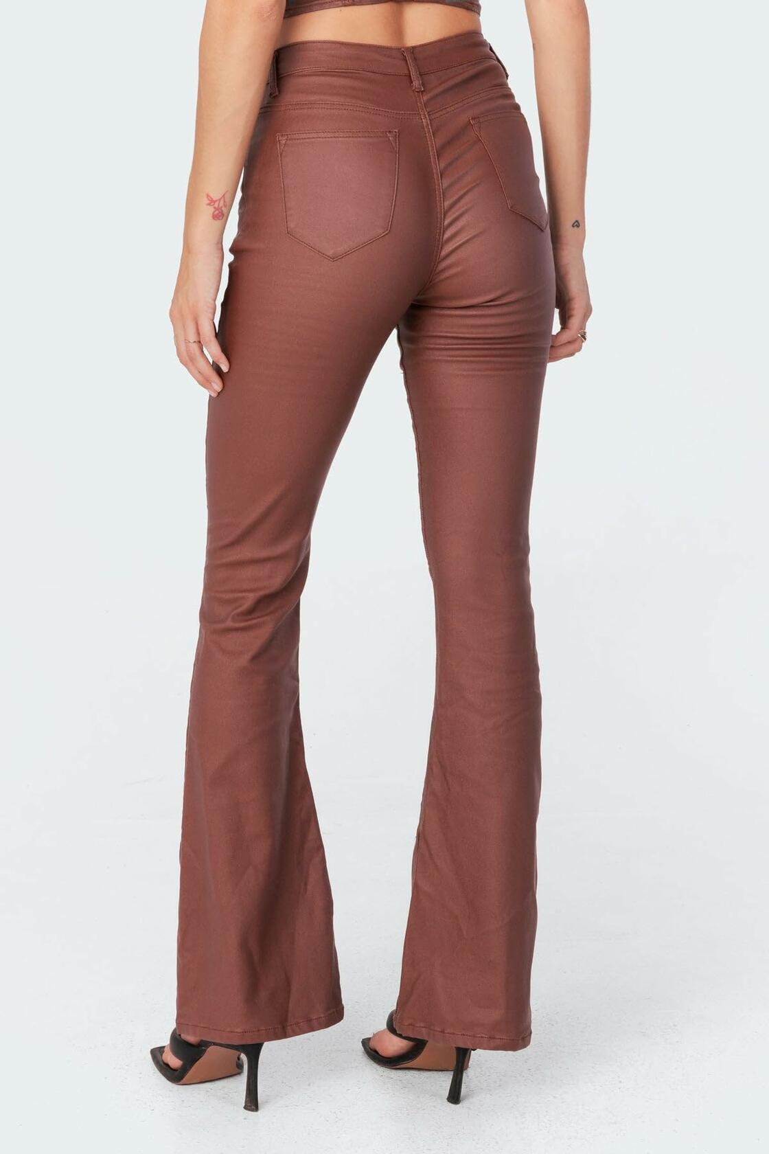 Kodaruber Women Faux Leather High Waisted Flare Pants Light Brown Size M