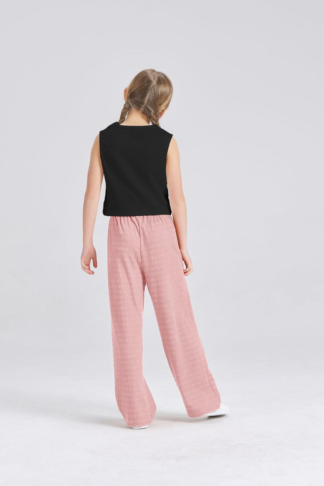 Handfrog Girls 2PC Tie Knot Crop Top & Wide Leg Pants Set Black/Pink Size 7-8Y
