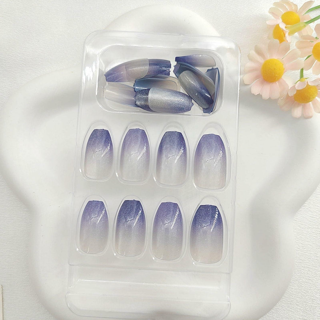 Cat Eye Press On Nails Short Coffin Purple Ombre Glitter 24 Pcs
