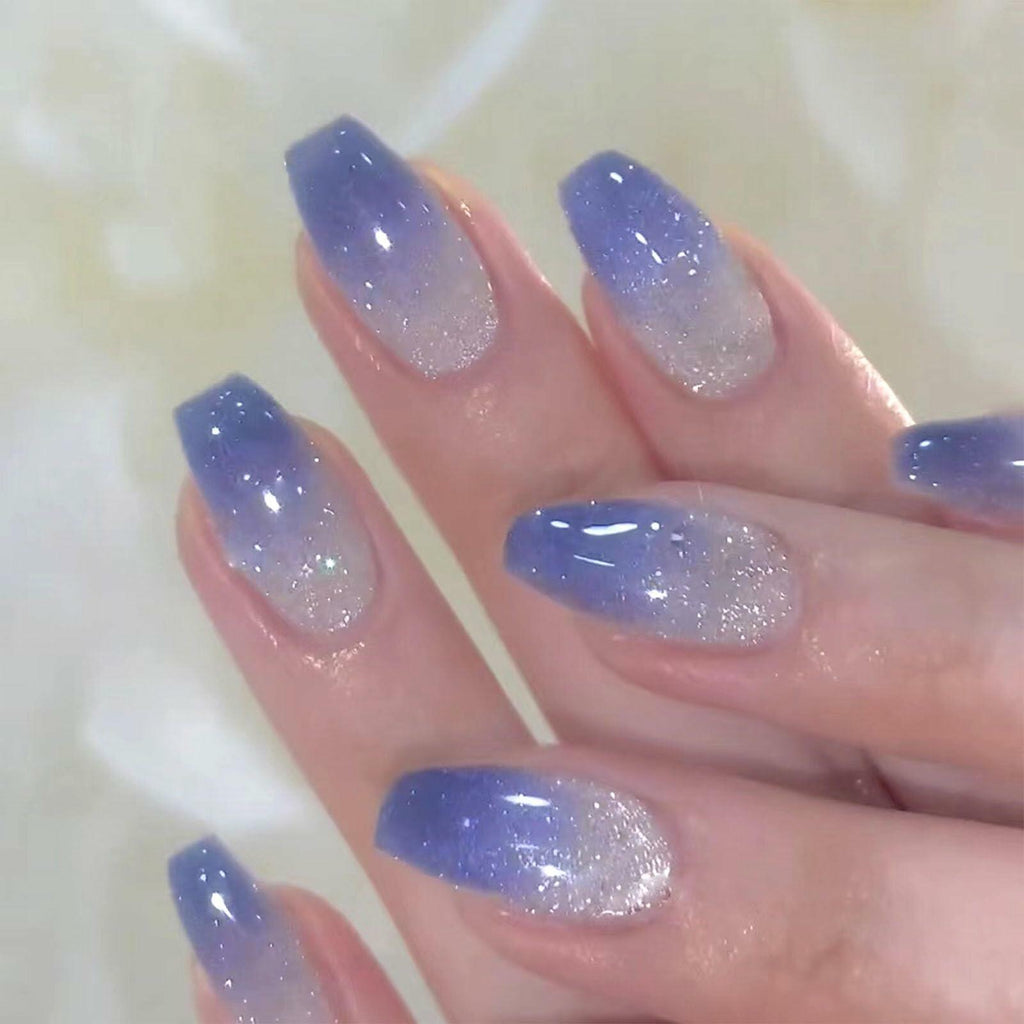 Cat Eye Press On Nails Short Coffin Purple Ombre Glitter 24 Pcs