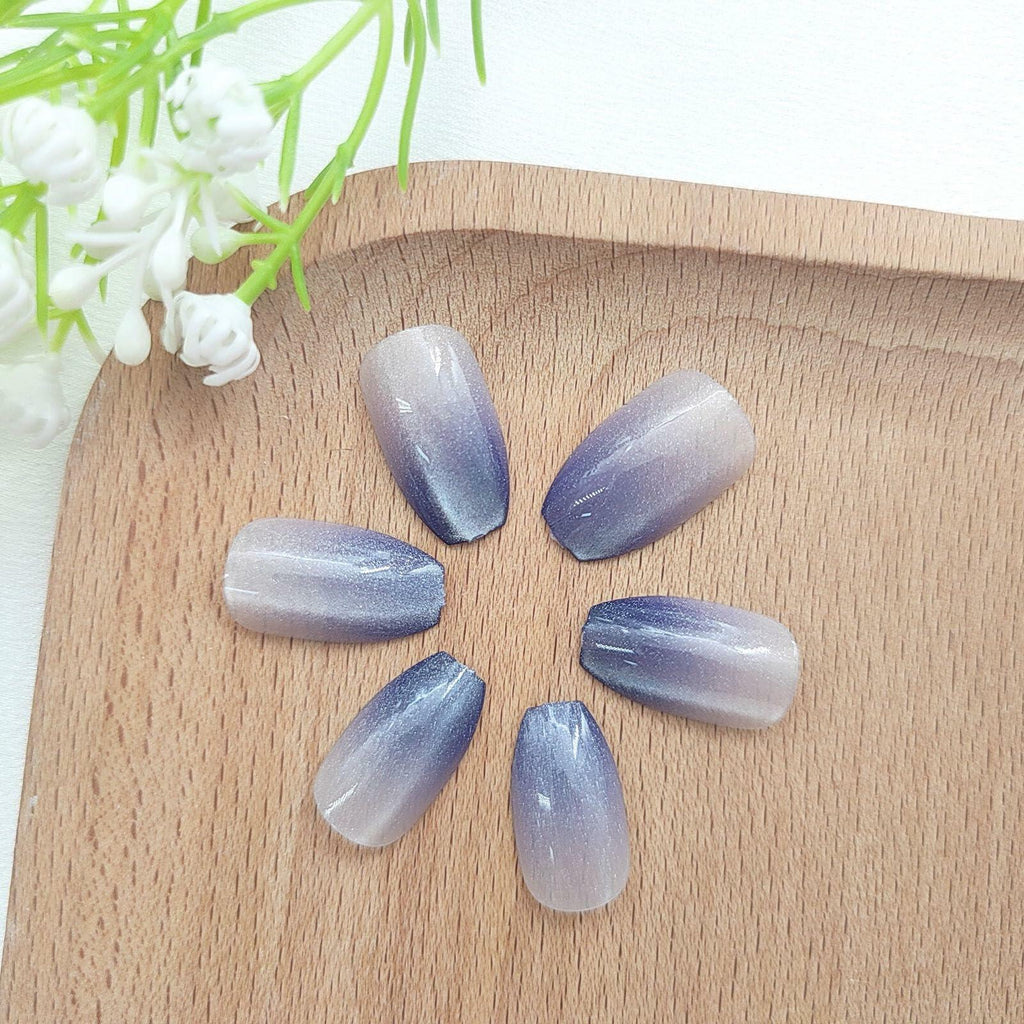 Cat Eye Press On Nails Short Coffin Purple Ombre Glitter 24 Pcs