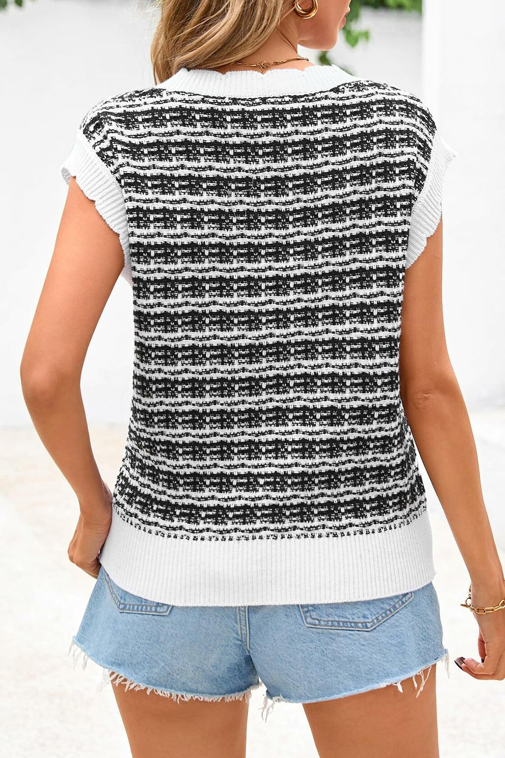 CFLONGE Women's Striped Crochet Knit Sweater Vest Black White Size S