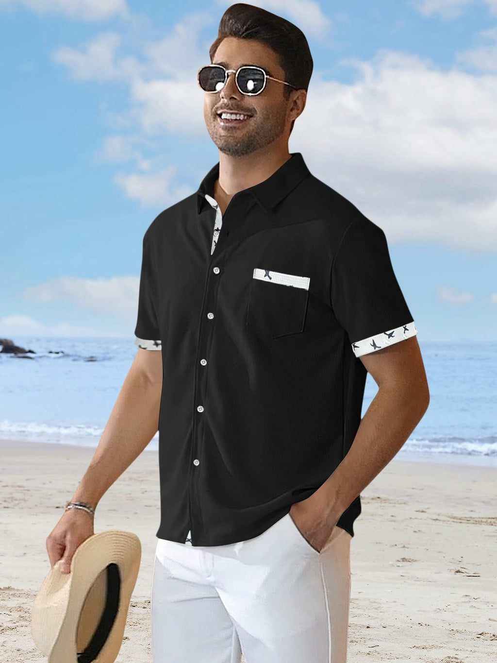 TRFIC Men's Casual Short Sleeve Button Down Shirt Black