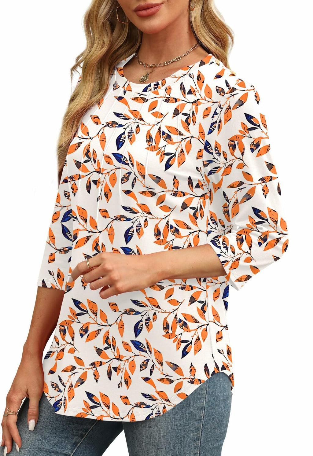 XIEERDUO Women's 3/4 Sleeve Pleated Floral Tunic Top Patterned-leaf Size M