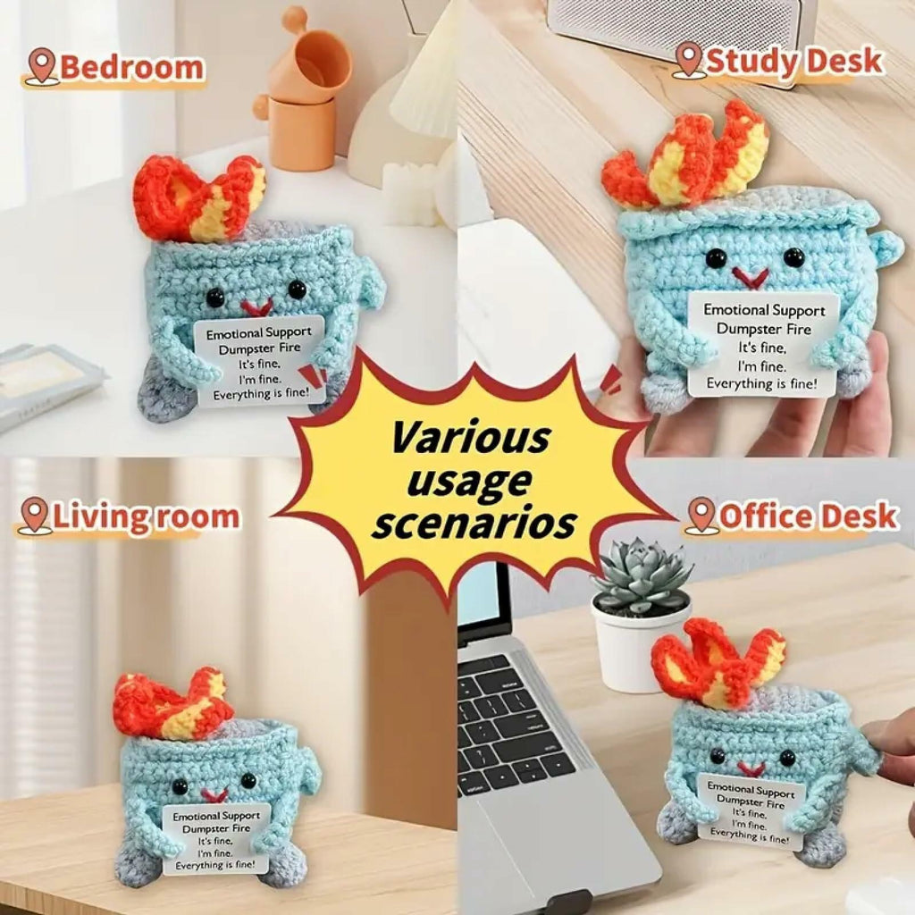 Seodon Emotional Support Dumpster Fire Crochet Doll with Encouragement Card Red