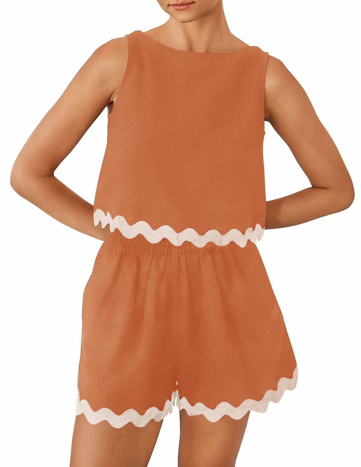 ZESICA Women's 2 Piece Linen Lace Trim Tank Crop Top & Shorts Set Dim Size M