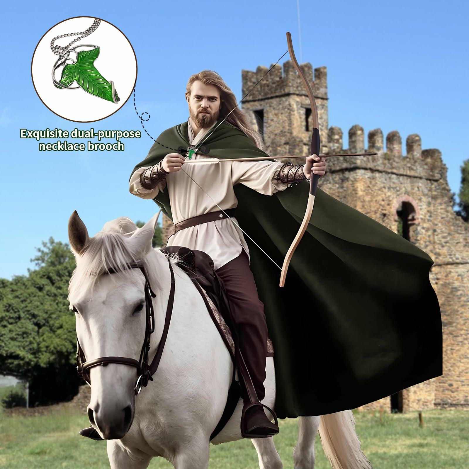 QPAXUCR Medieval Men Renaissance Cloak with Hood Green Leaf Brooch One Size