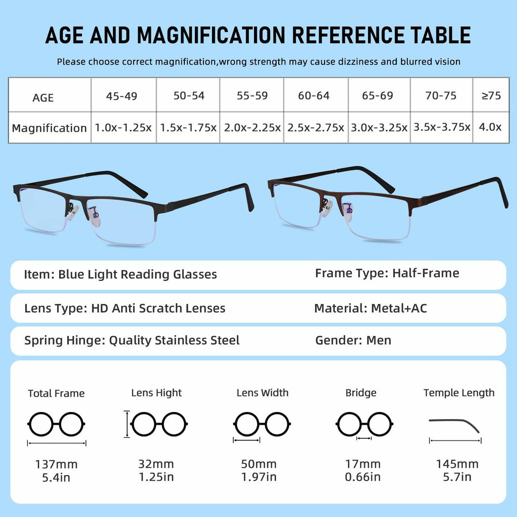 Anourney 3-Pack Men Reading Glasses Metal Half Frame Blue Light Blocking +1.75