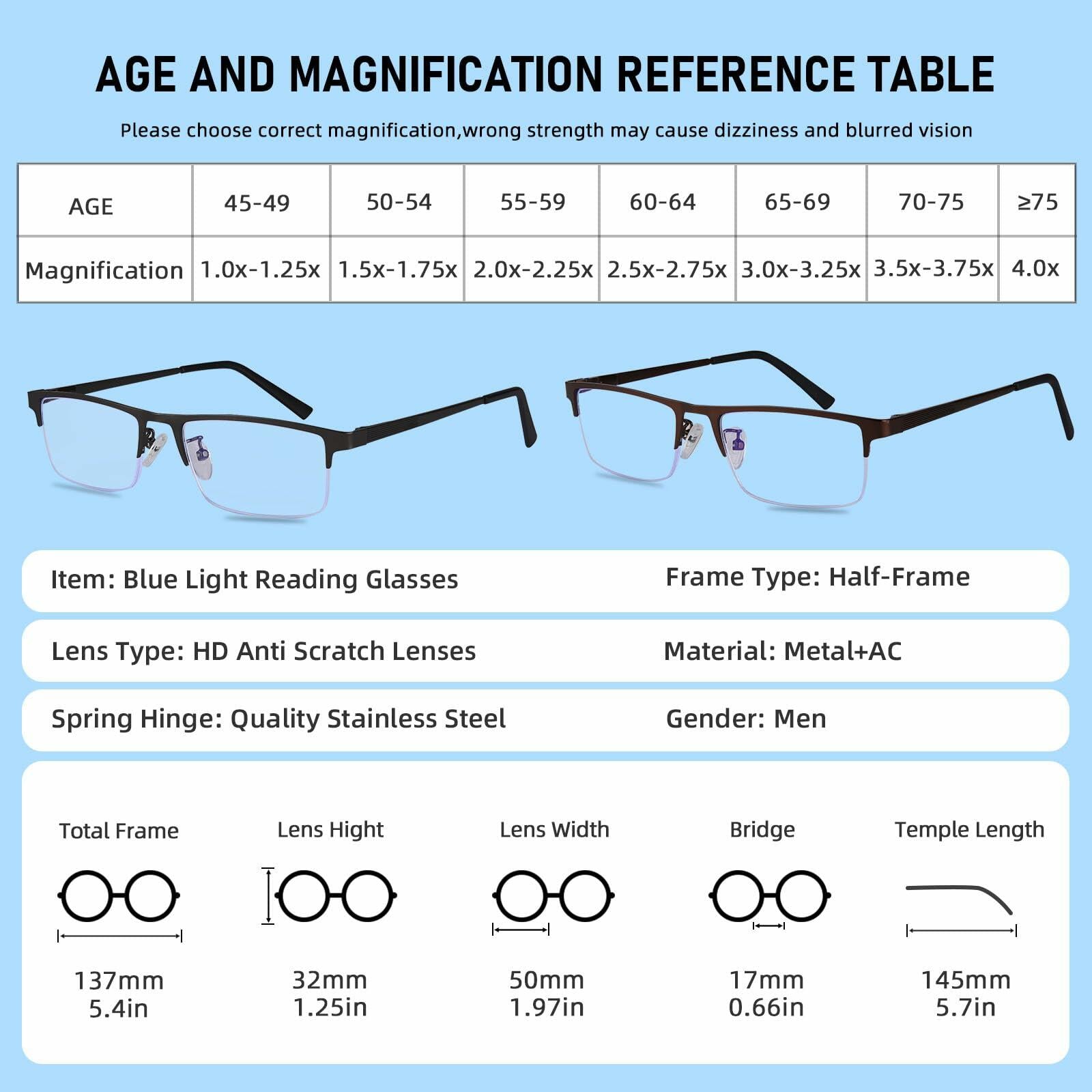 Anourney 3-Pack Men Reading Glasses Metal Half Frame Blue Light Blocking +1.75