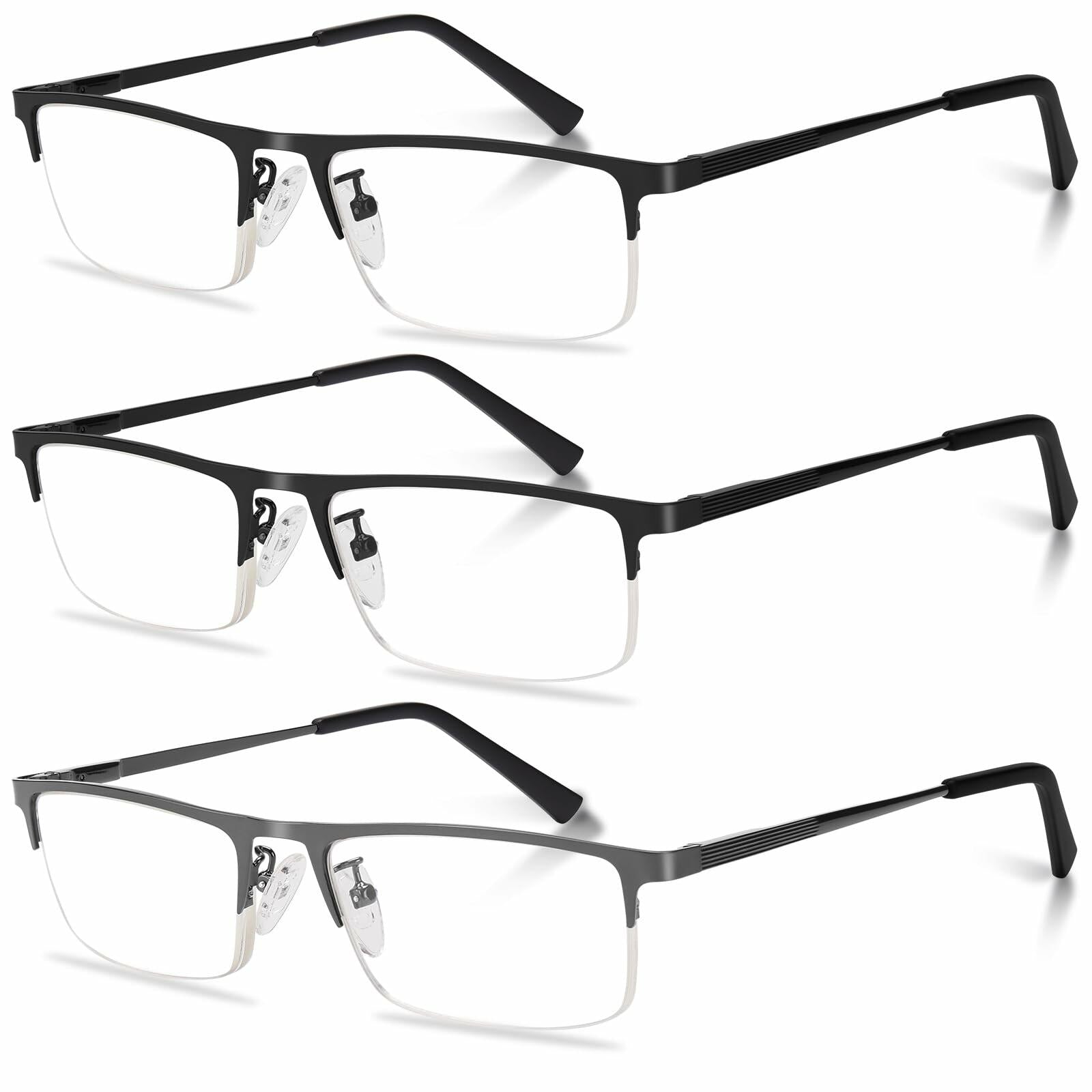 Anourney 3-Pack Men Reading Glasses Metal Half Frame Blue Light Blocking +1.75