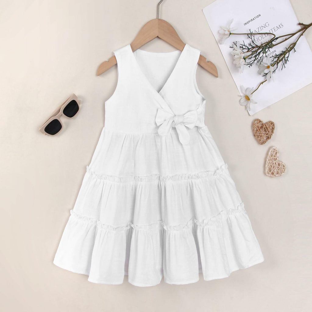 TIMOGG Toddler Girl Sleeveless Linen Cotton Dress Bow White Size 3-4T