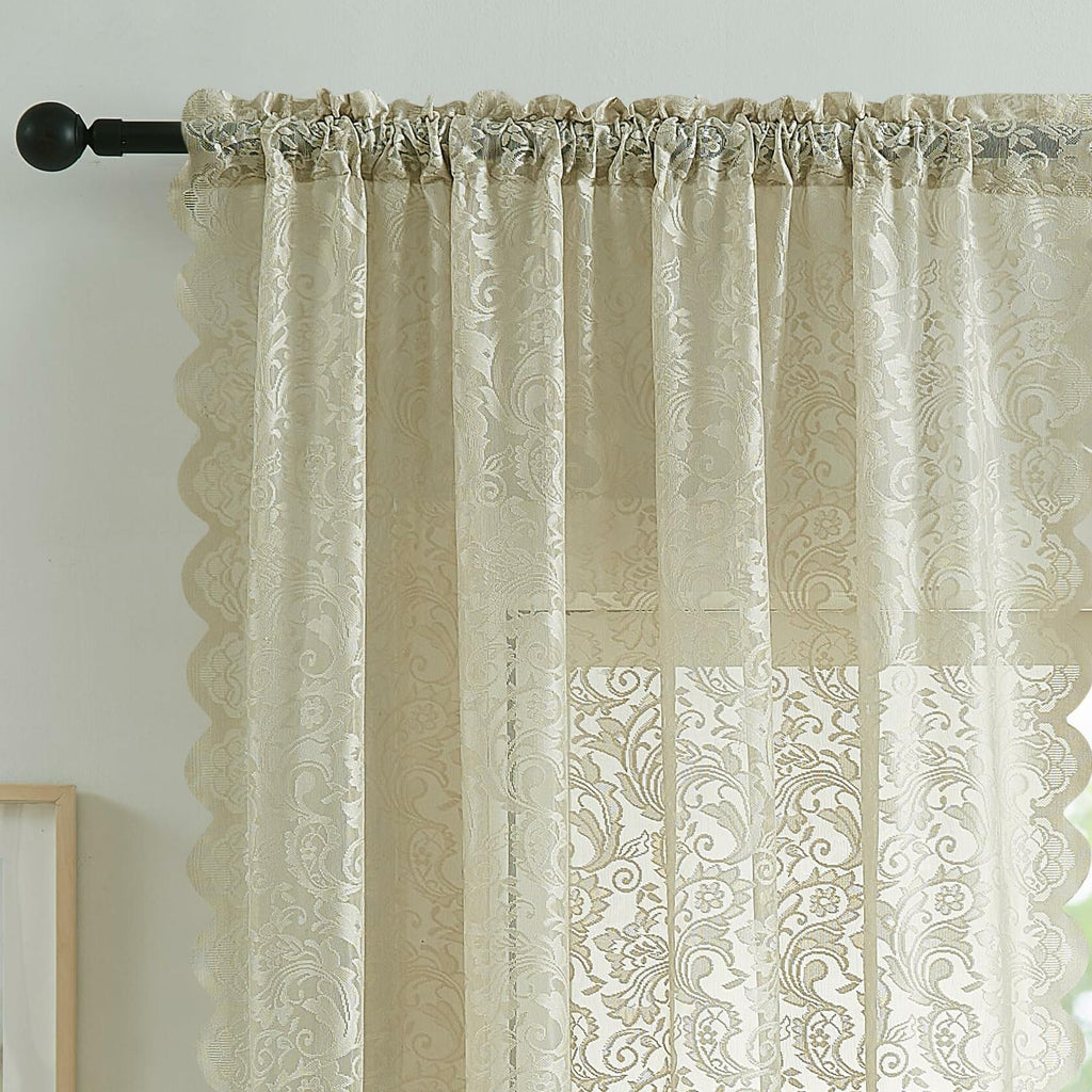 Bujasso Beige Lace Sheer Curtains 54x108 inch 2 Panels Floral Rod Pocket