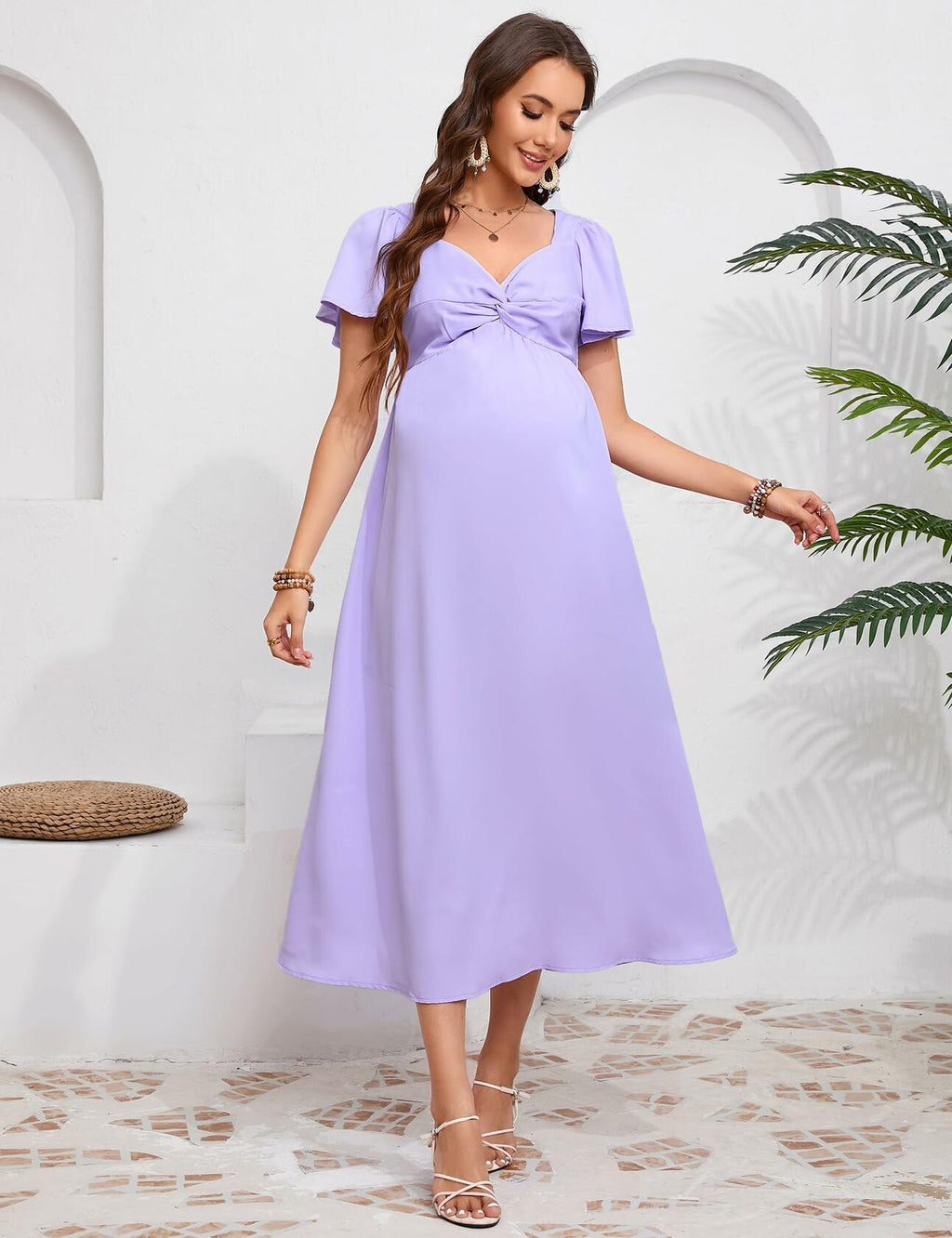 KOJOOIN Maternity Dress Ruffle V Neck Twist Front Purple Size M