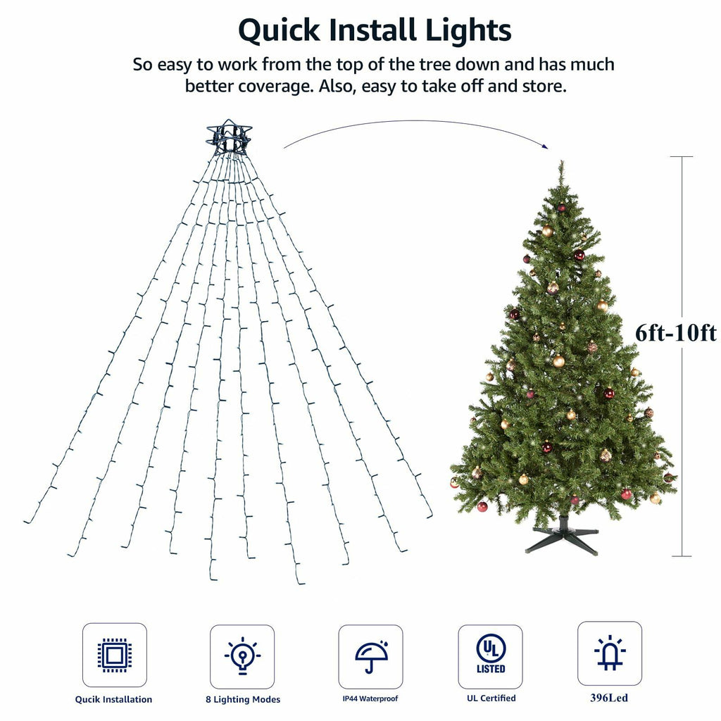 DEPMEM 396LED 10-Line Christmas Tree Lights 8 Modes Multicolor 6-10ft