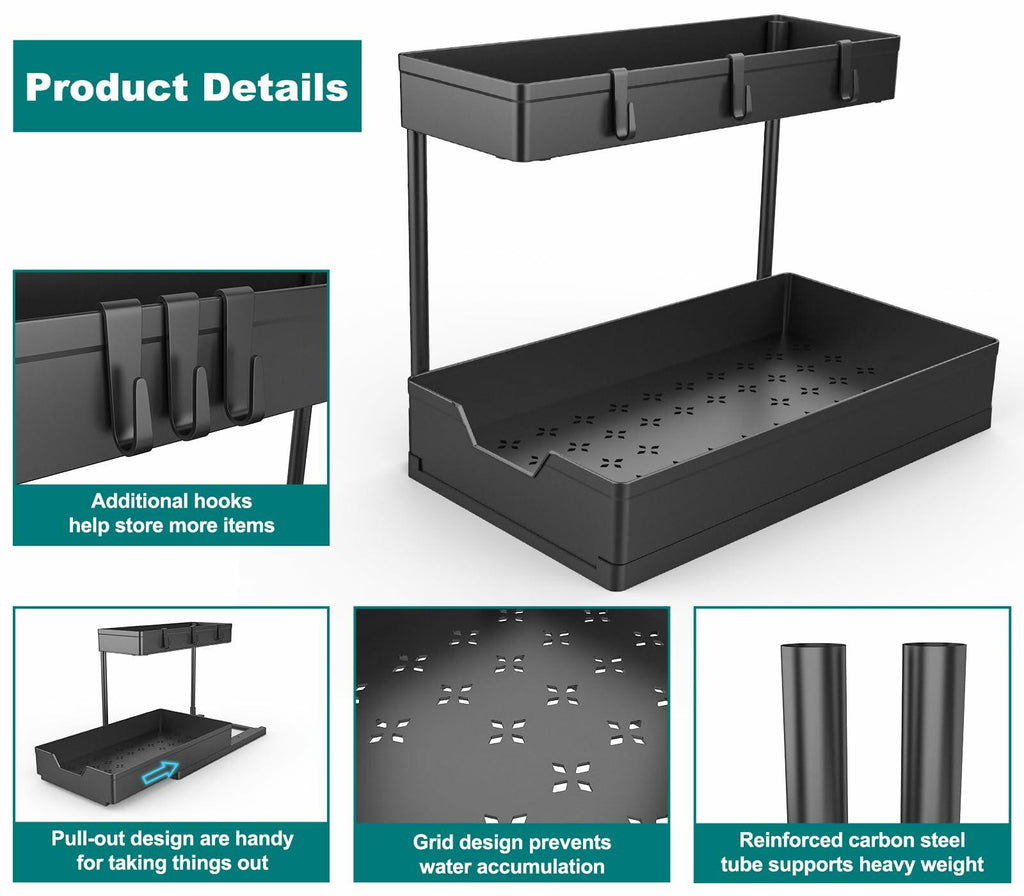 NATURE'S SOURCE 2 Pack 2 Tier Under Sink Organizer with 4 Hooks Black LIKE NEW