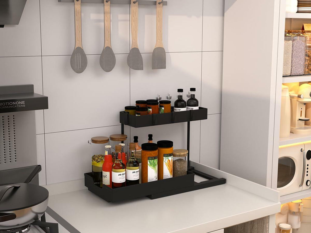 NATURE'S SOURCE 2 Pack 2 Tier Under Sink Organizer with 4 Hooks Black LIKE NEW