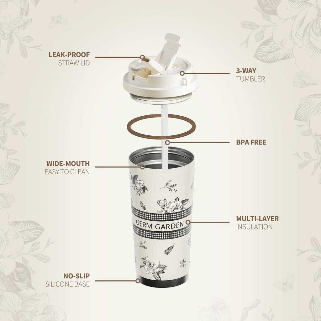GERM 20oz Stainless Steel Tumbler Travel Mug Double Wall Leak Proof White