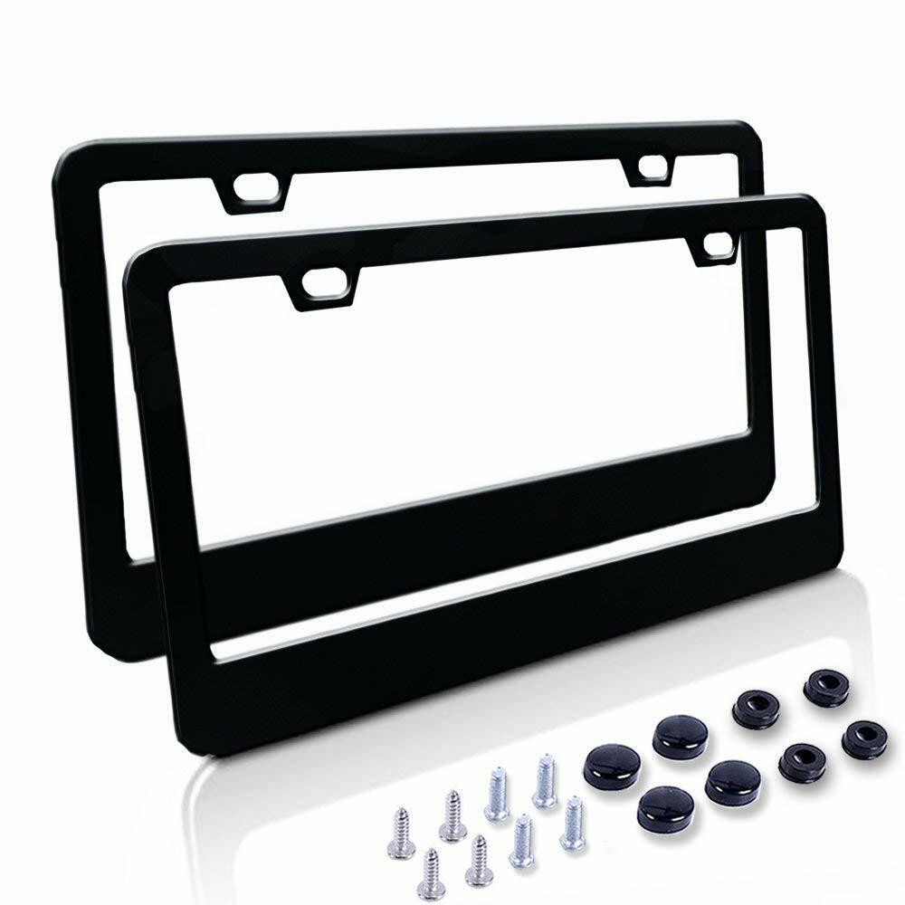 Car License Plate Frame Matte Stainless Steel Black 2 Pack with Screws Caps