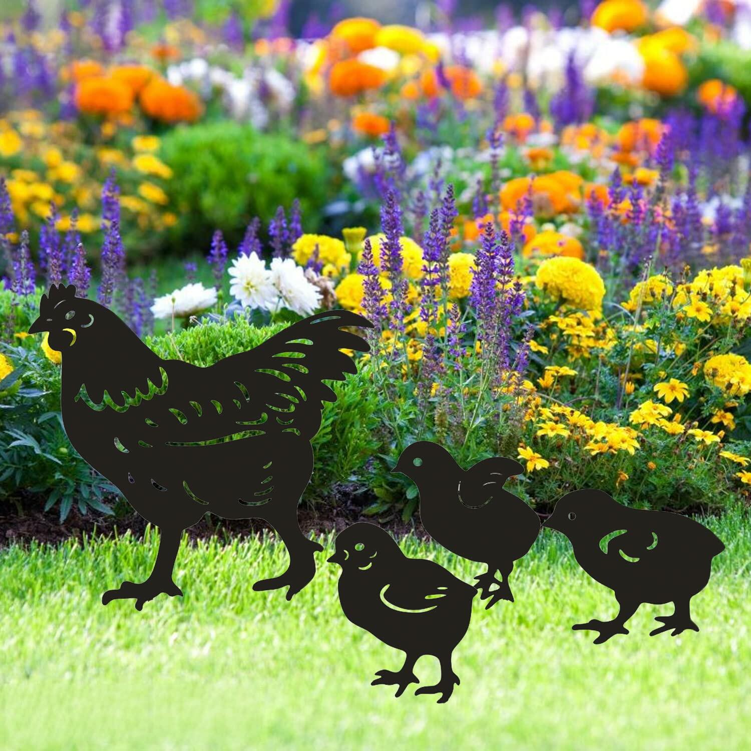 Dupiulk 4 Pack Metal Chicken Garden Stakes Hen Chicks Outdoor Decor