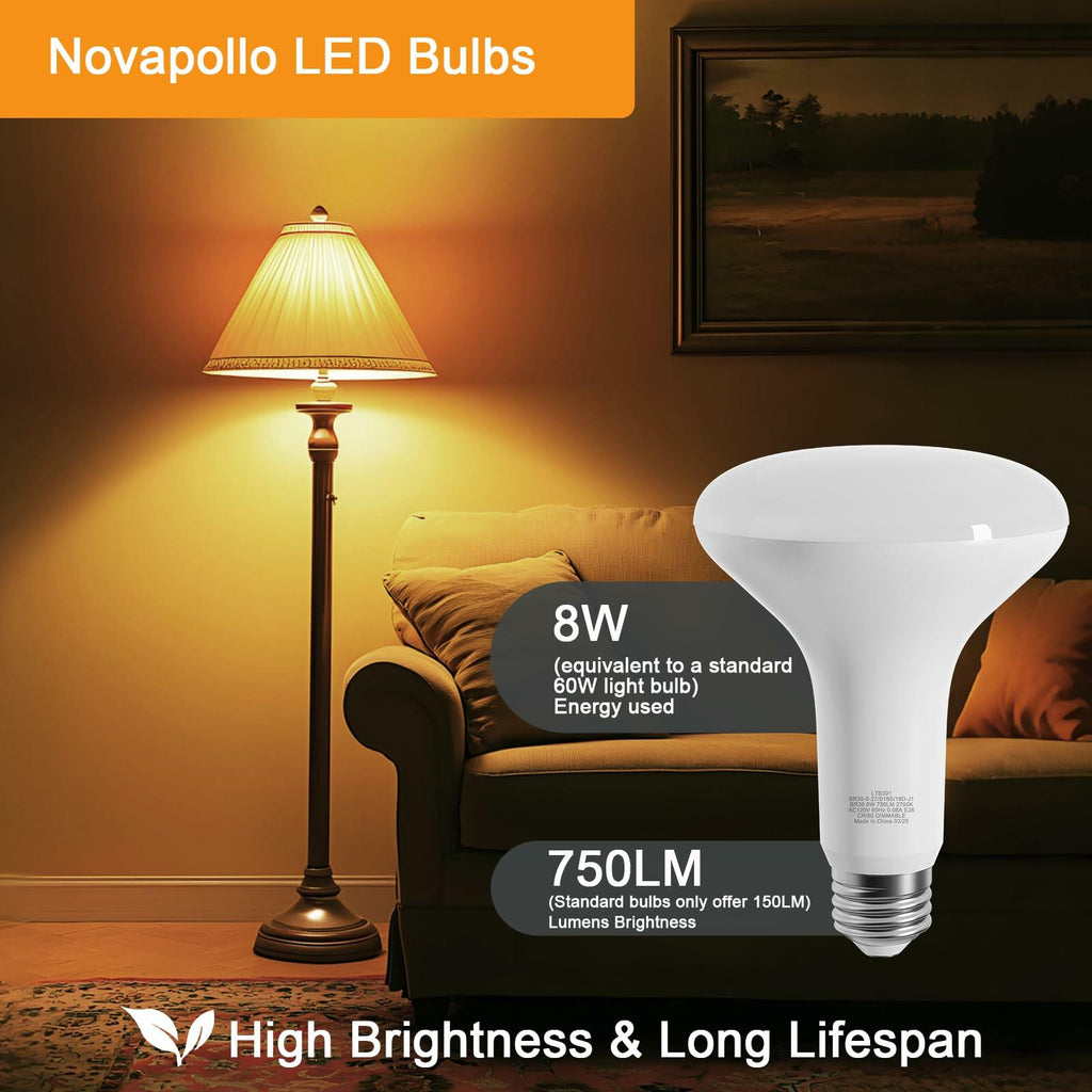 novapollo LED BR30 Flood Light Bulbs 8W 2700K Soft White E26 Base 6 Pack