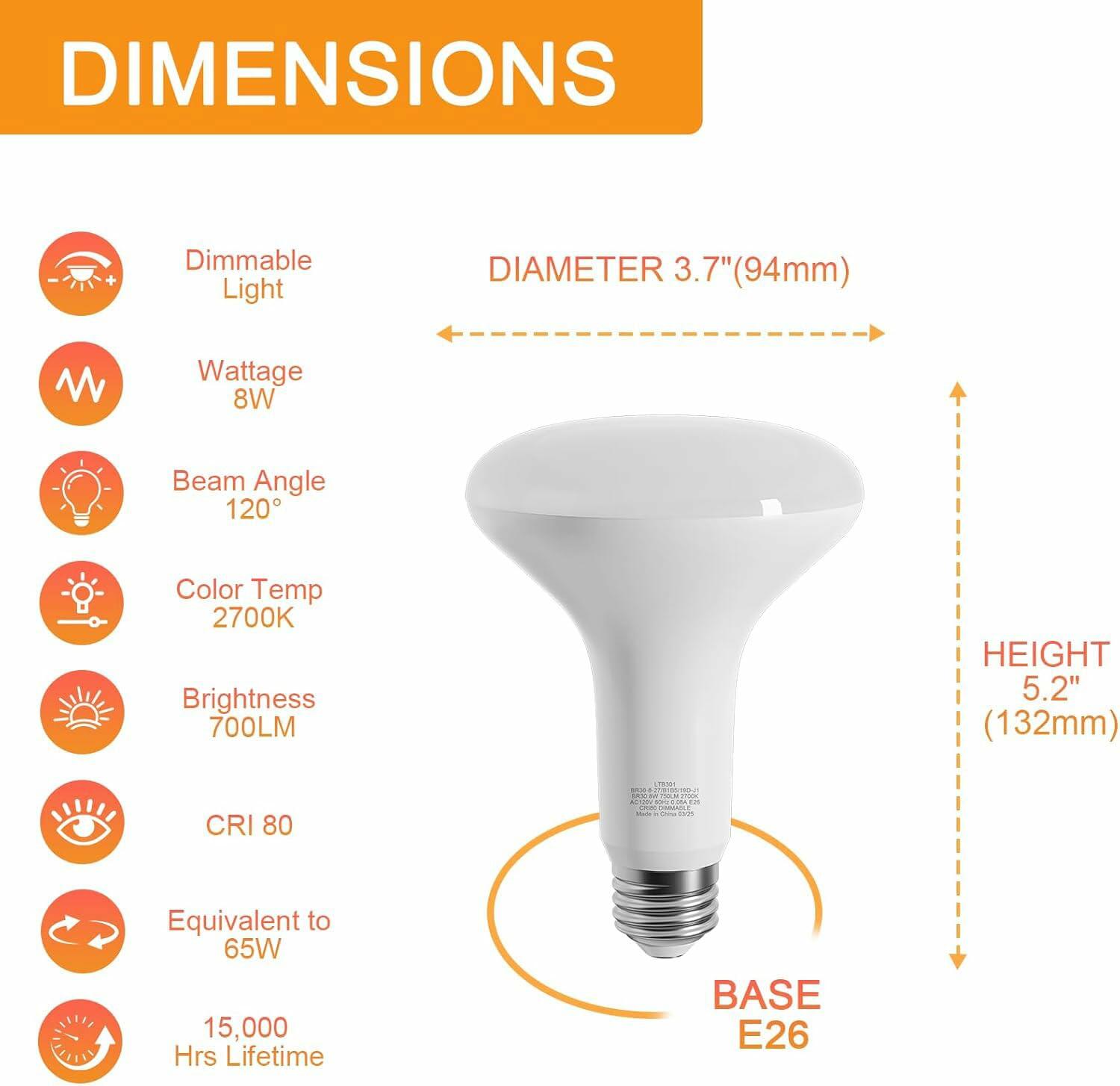 novapollo LED BR30 Flood Light Bulbs 8W 2700K Soft White E26 Base 6 Pack