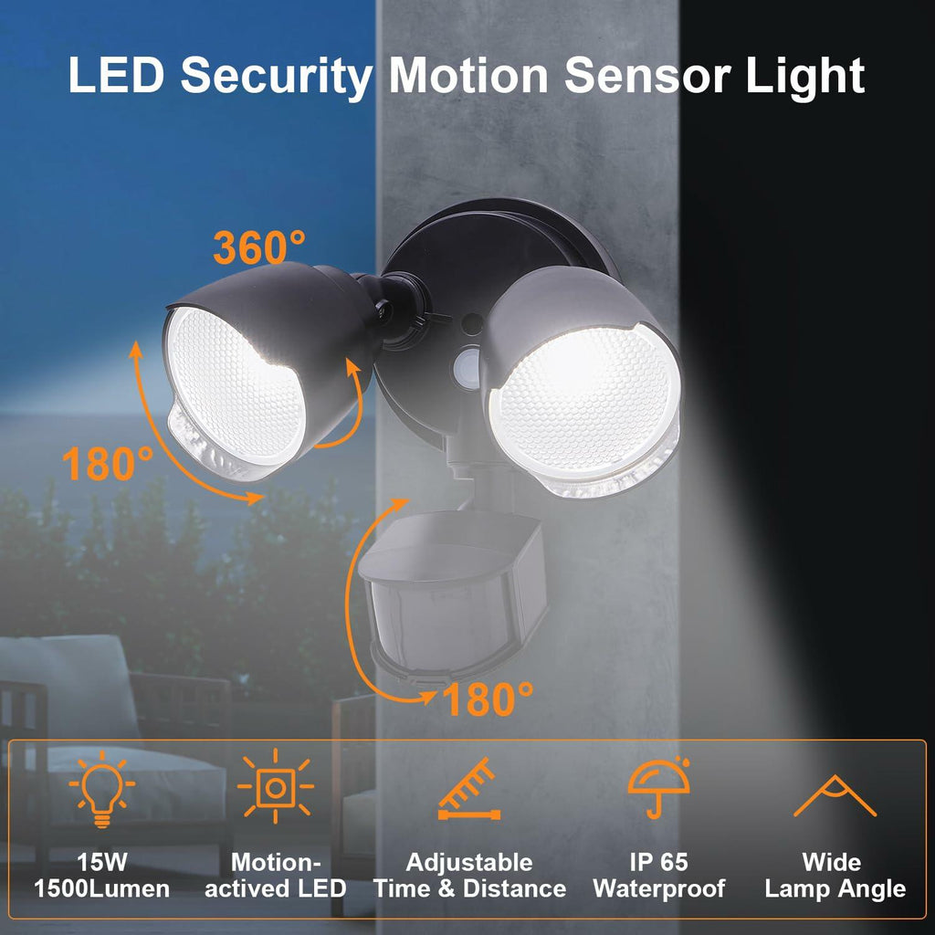 CELAVY 15W LED Security Light Motion Sensor Outdoor IP65 Black Dual Head
