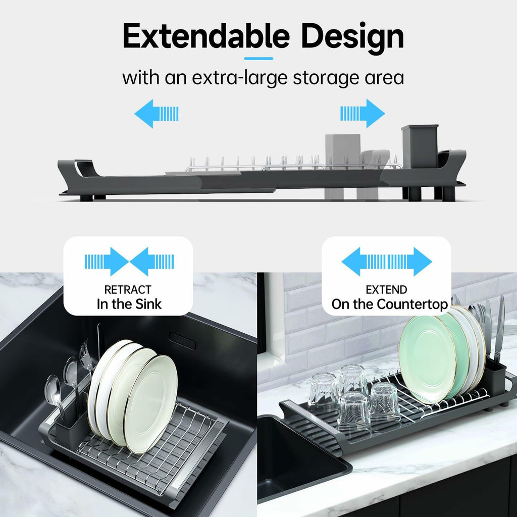 TOOCA BEAR Expandable Small Dish Drying Rack with Cutlery Holder Gray