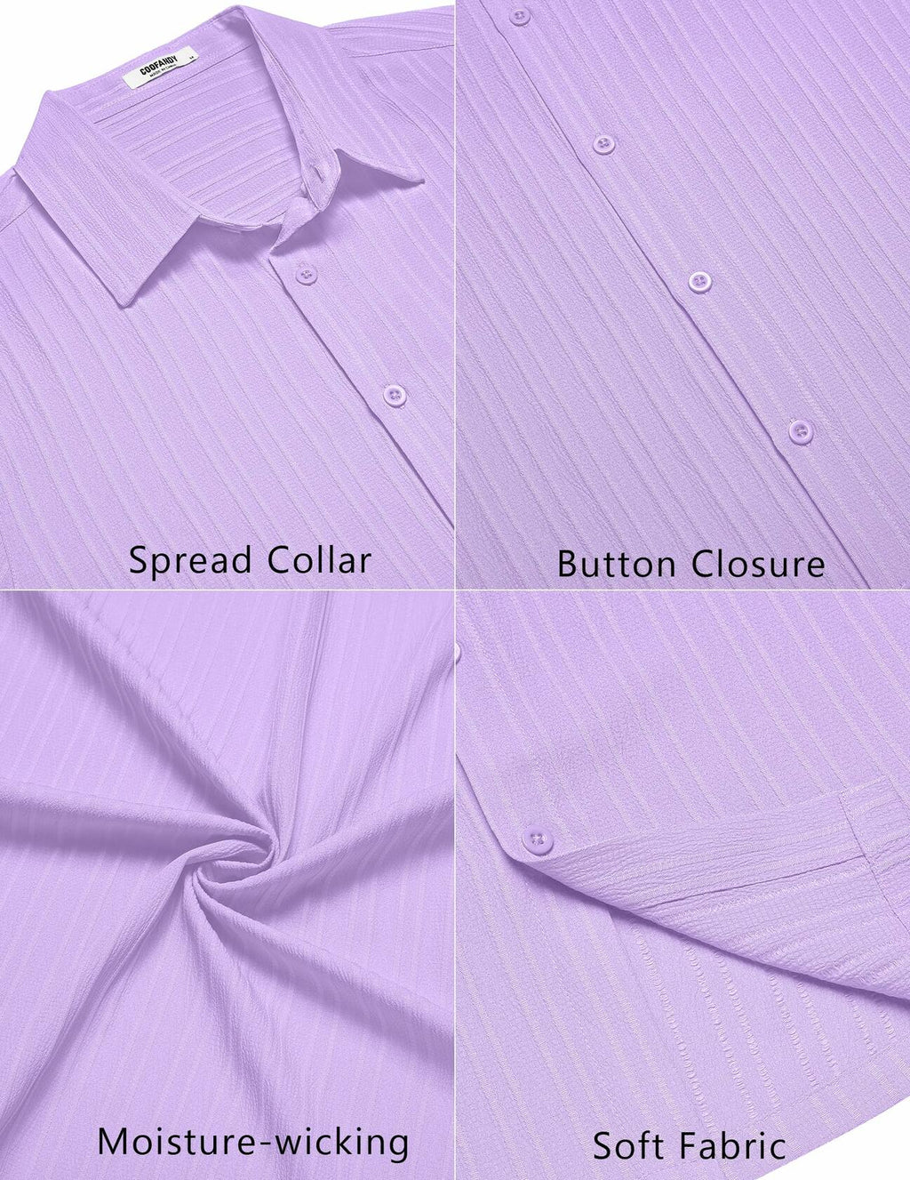 COOFANDY Men's Summer Beach Short Sleeve Button Down Shirt Light Purple Size L