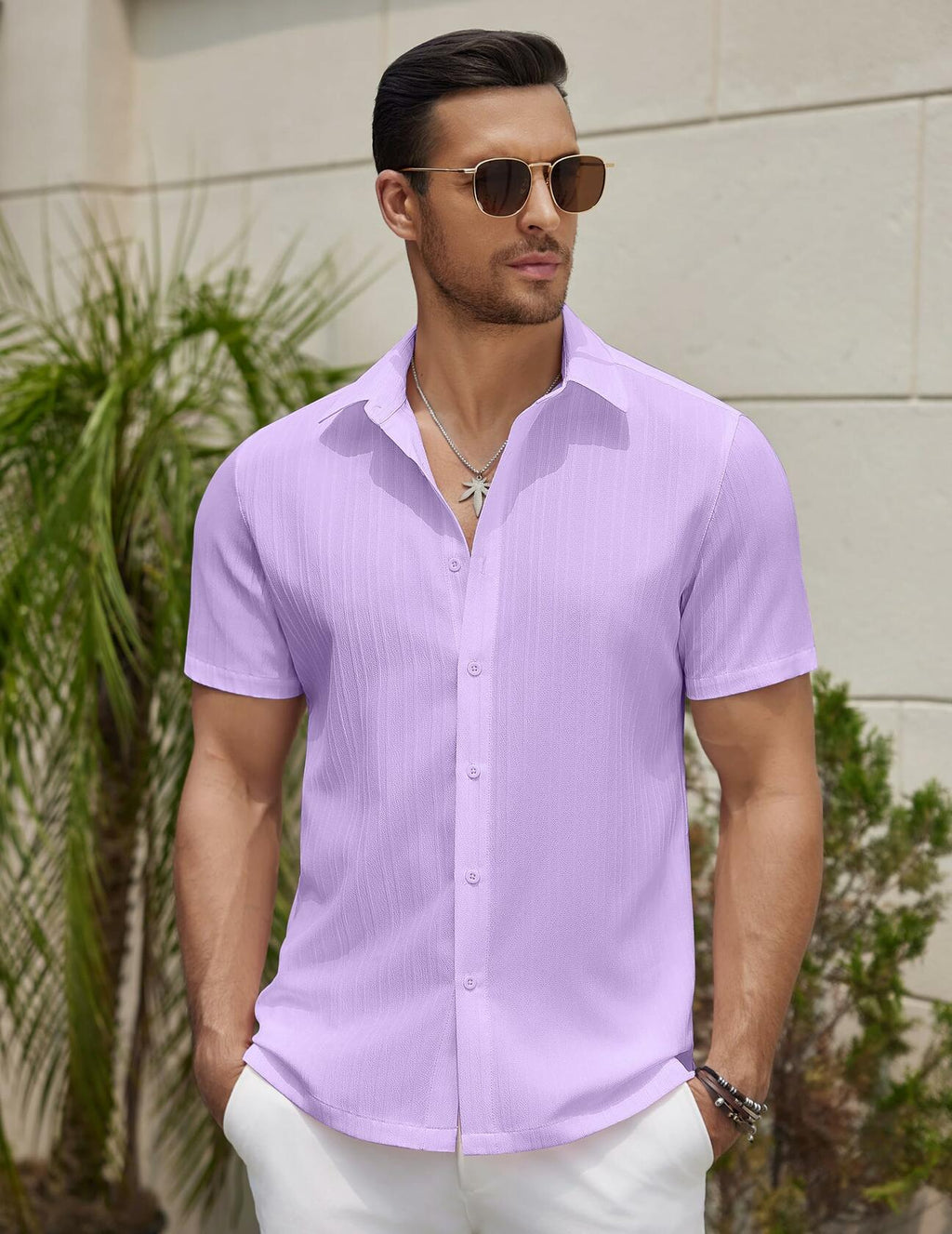 COOFANDY Men's Summer Beach Short Sleeve Button Down Shirt Light Purple Size L