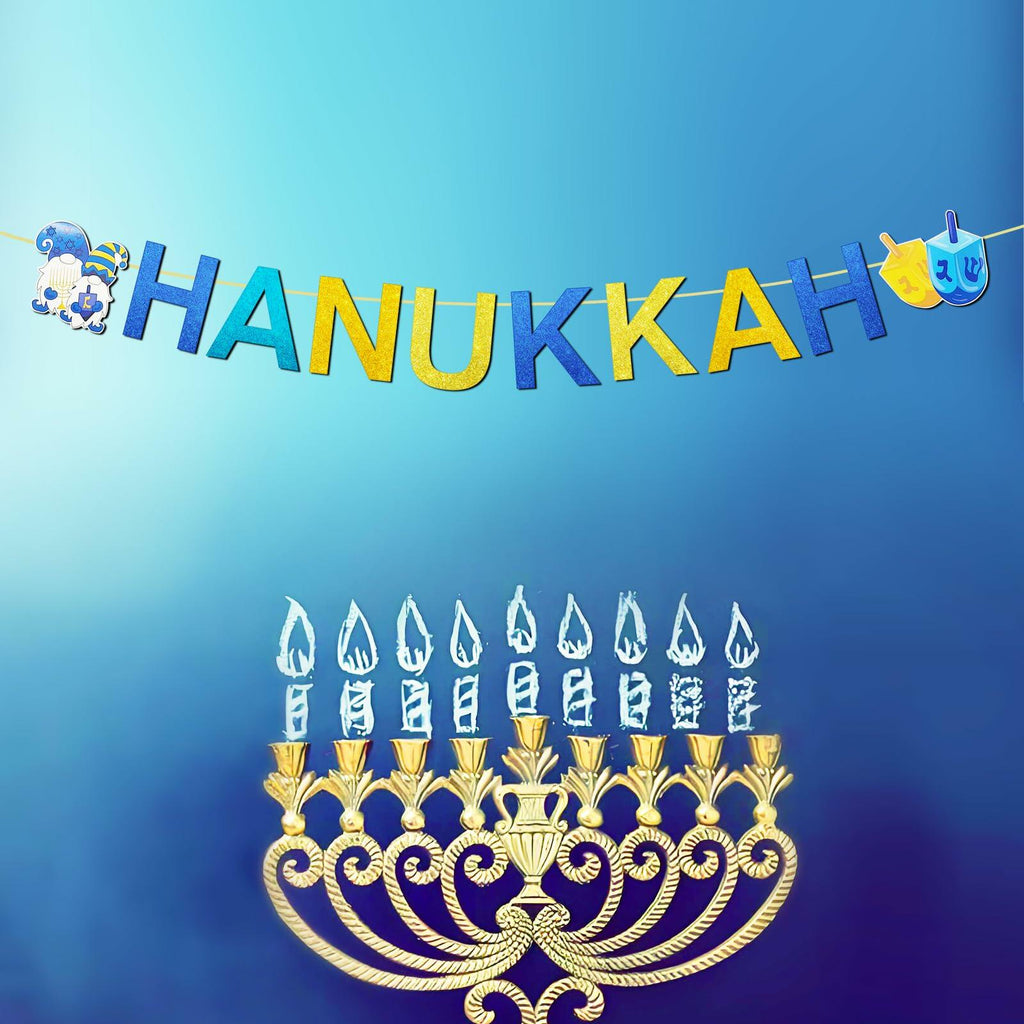 DONCIDAY Happy Hanukkah Glitter Banner Blue Paper Garland Party Decor
