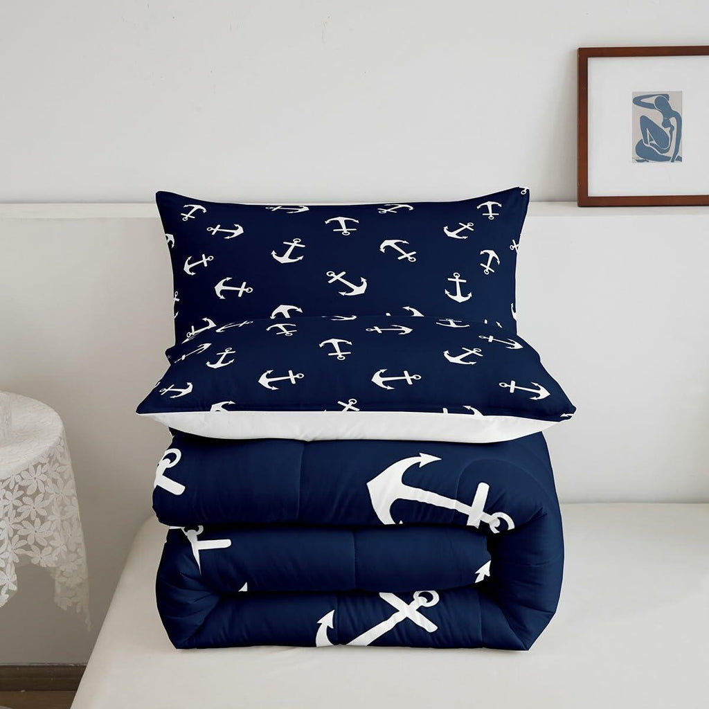 Manfei Anchor Comforter Set Nautical Navy Blue 2pcs Twin Size